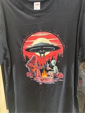 Halo Black Tee — Alien & Sasquatch Campfire Graphic